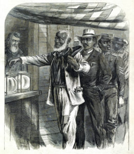 Black-and-white illustration of first African-American man to vote
